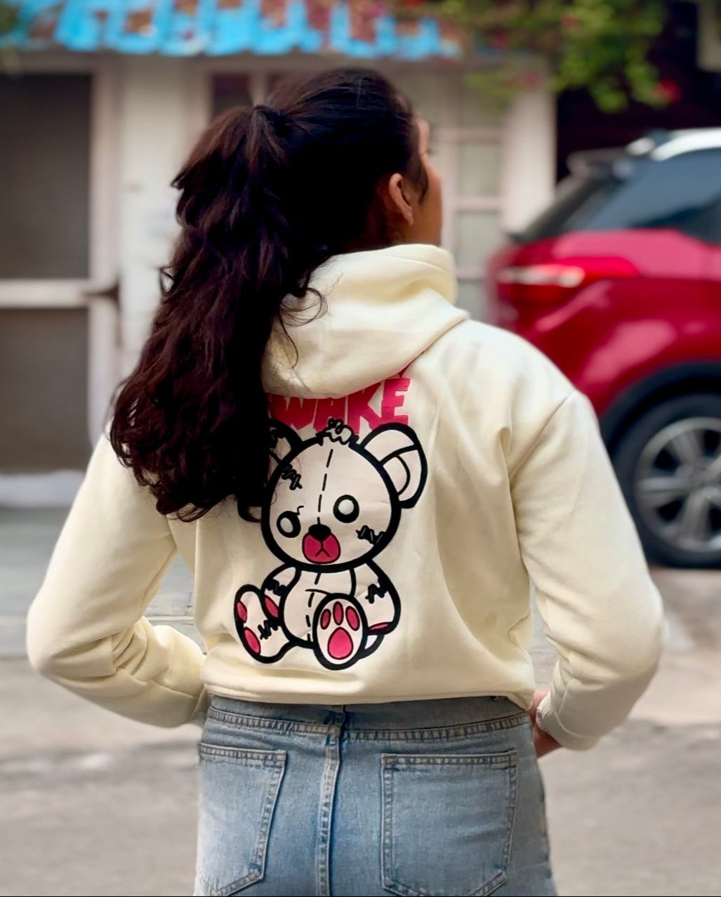 Off-White Bear Print Graphic Hoodie - Women's Trendy Winter Wear