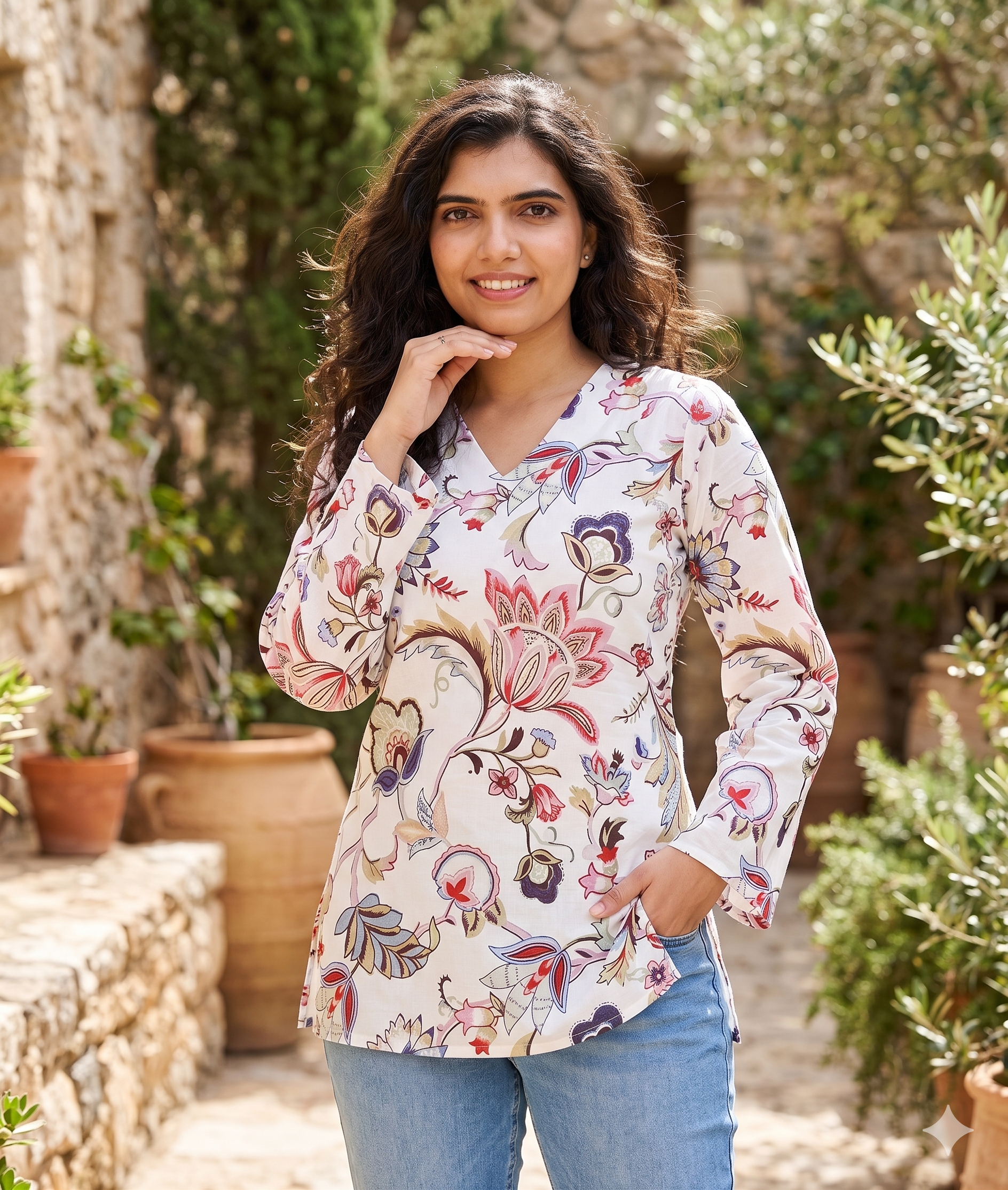 White Floral Corset Style Short Kurti