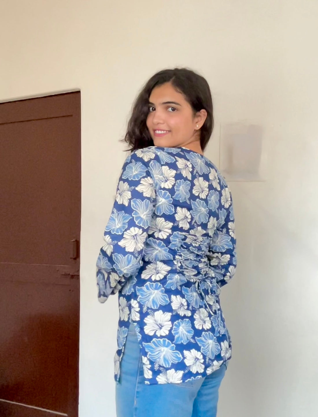 Blue Floral Printed Cotton Kurti for Women