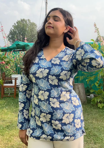 Blue Floral Printed Cotton Kurti for Women