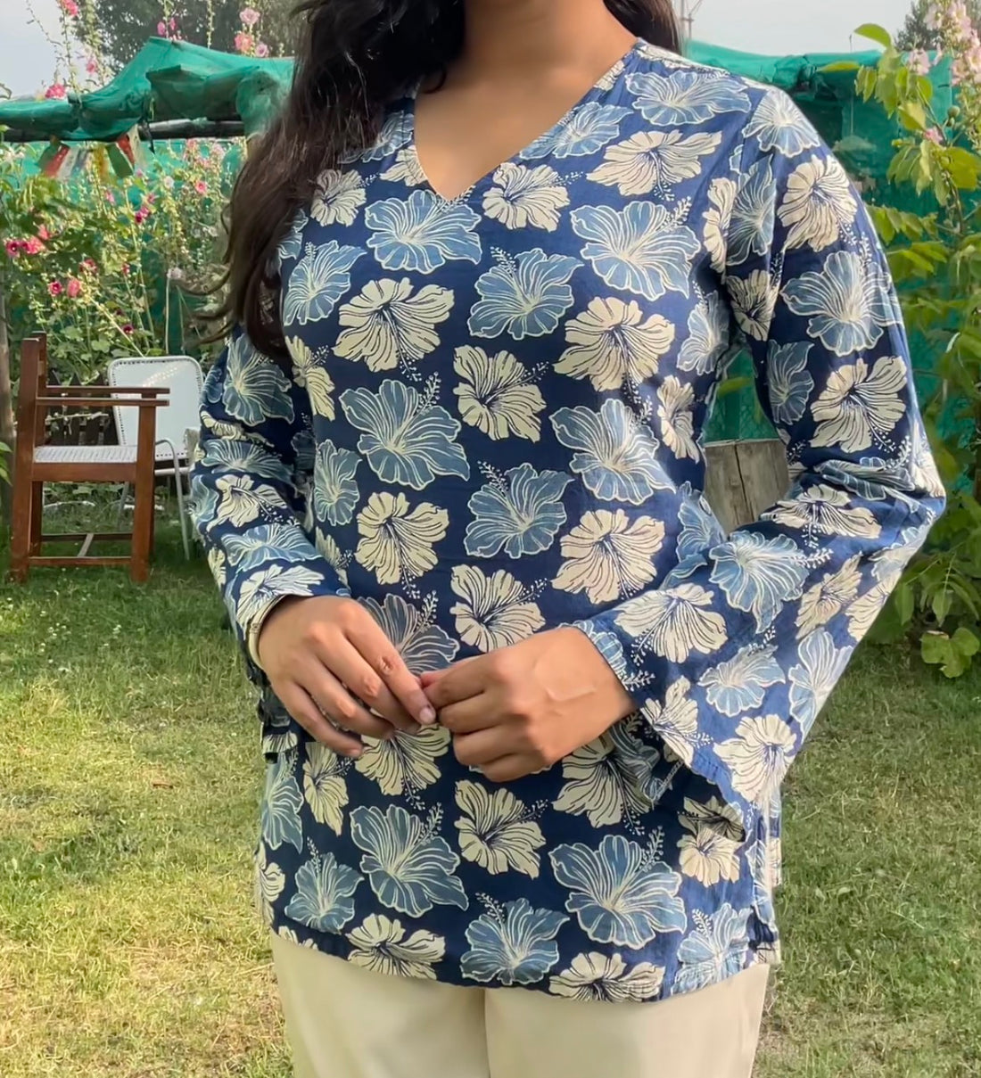 Blue Floral Printed Cotton Kurti for Women