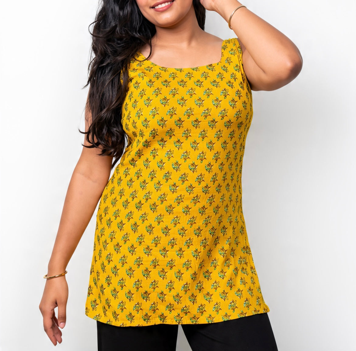 Yellow Printed Sleeveless Short Kurti