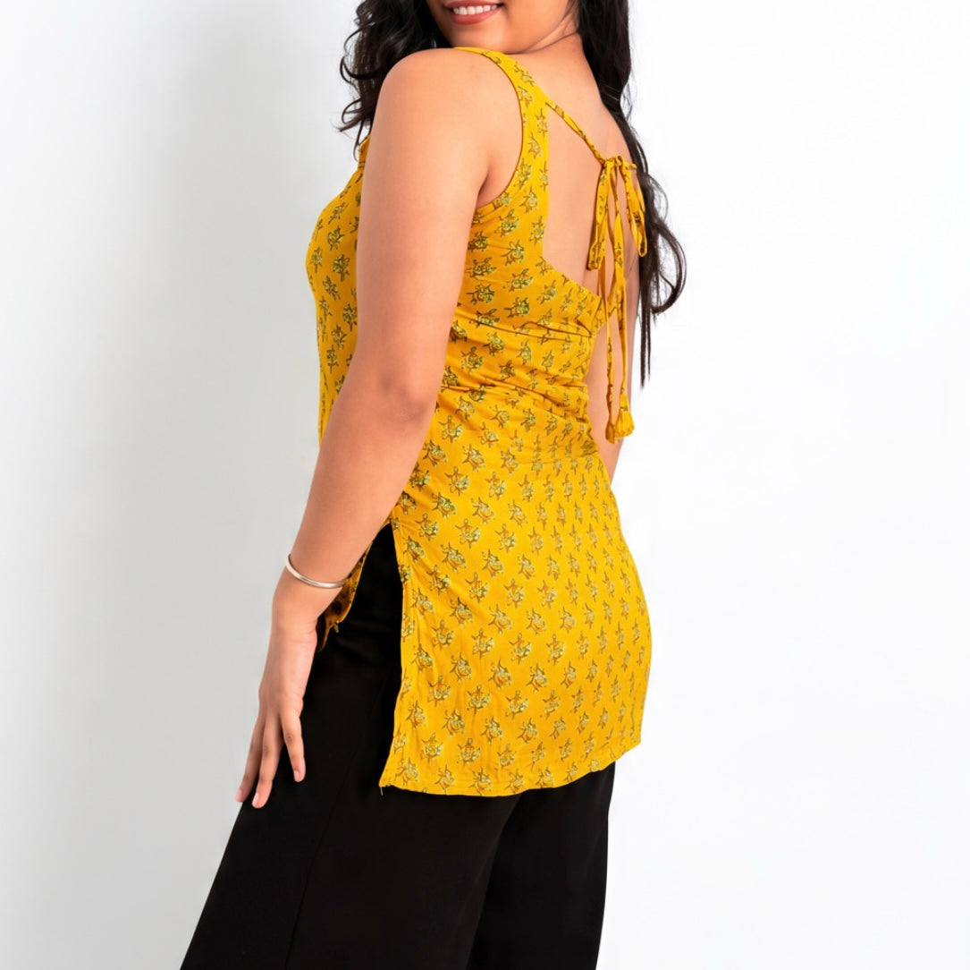 Yellow Printed Sleeveless Short Kurti