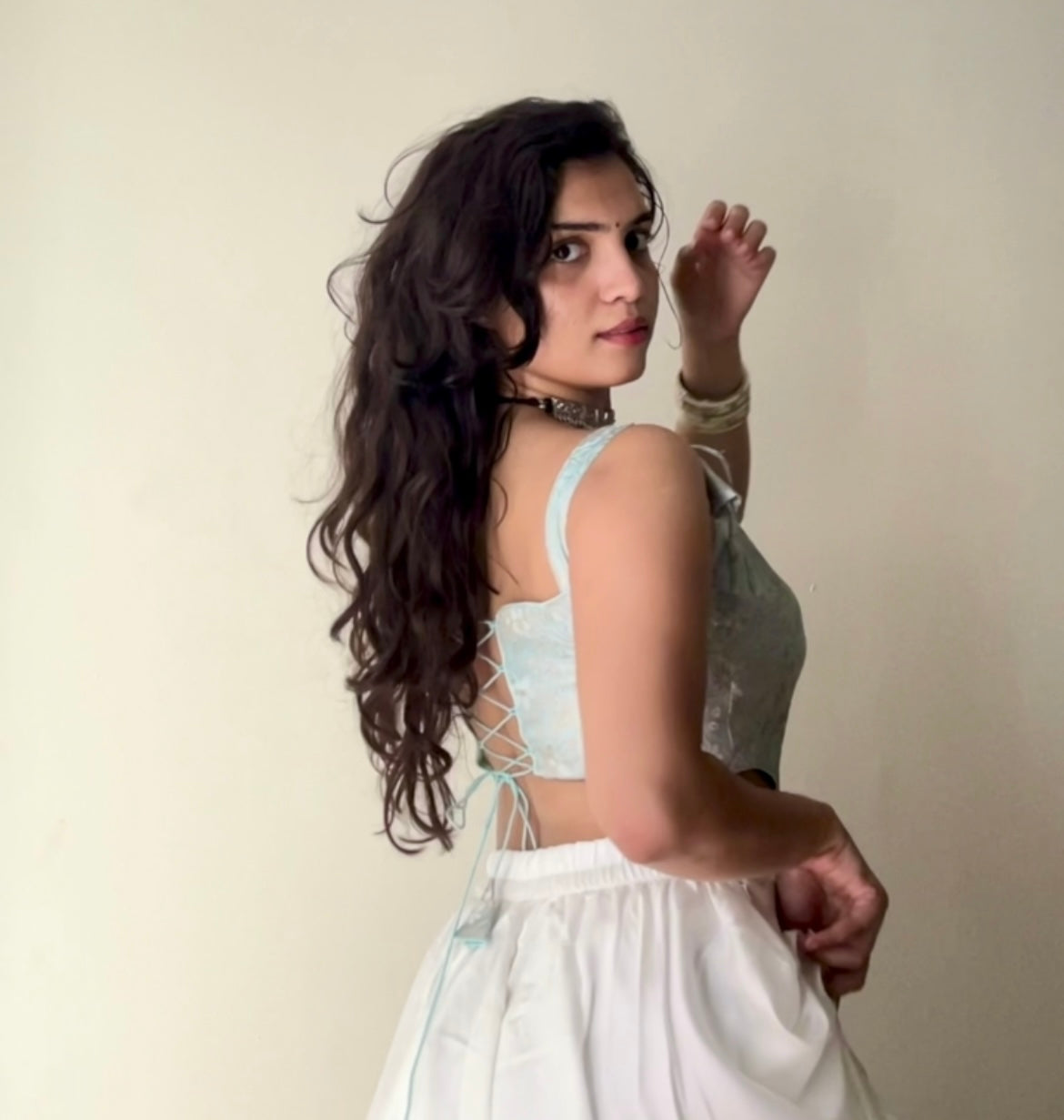 Baby Blue Floral Banarasi Brocade Ethnic Corset Backless
