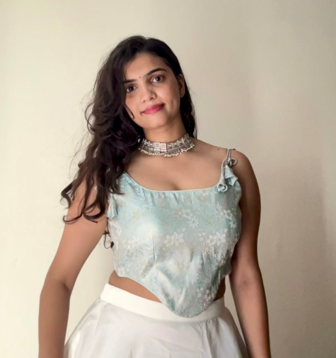 Baby Blue Floral Banarasi Brocade Ethnic Corset Backless