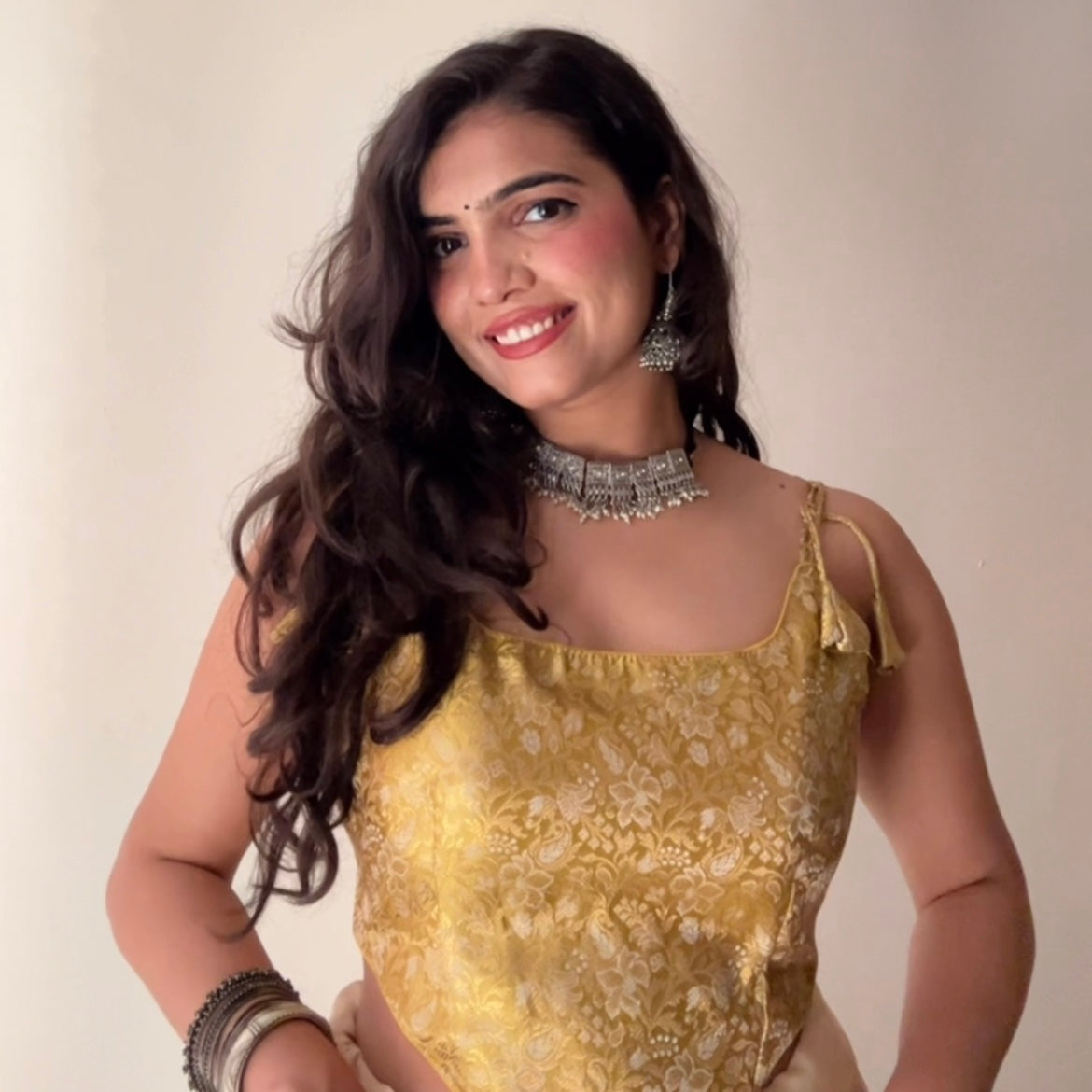 Light Yellow Floral Brocade Ethnic Backless Corset Built-In Pads