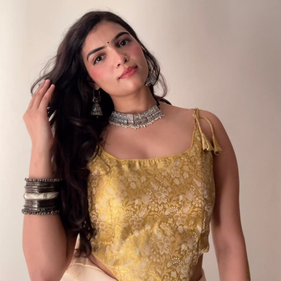 Light Yellow Floral Brocade Ethnic Backless Corset Built-In Pads