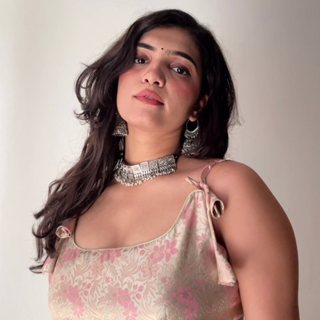 Beige Floral Print Ethnic Backless Corset with Built-In Pads