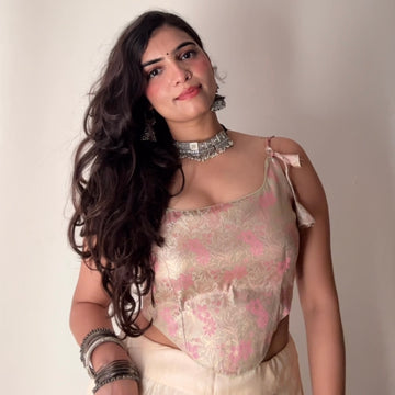 Beige Floral Print Ethnic Backless Corset with Built-In Pads