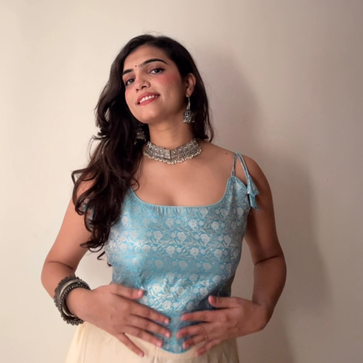 Sapphire Blue Floral Printed Ethnic Corset Built-In Pads