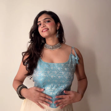 Sapphire Blue Floral Printed Ethnic Corset Built-In Pads