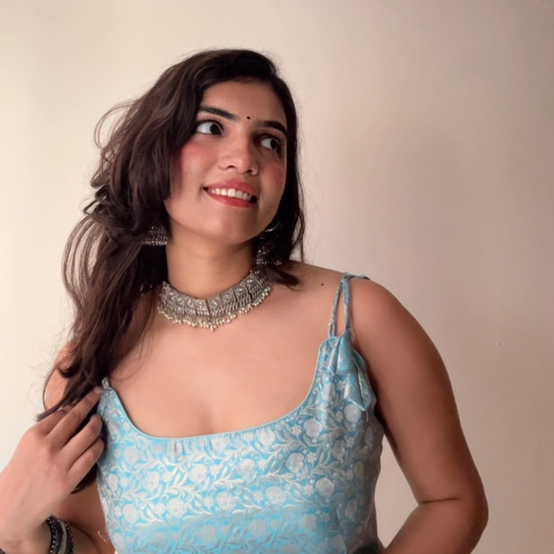 Sapphire Blue Floral Printed Ethnic Corset Built-In Pads