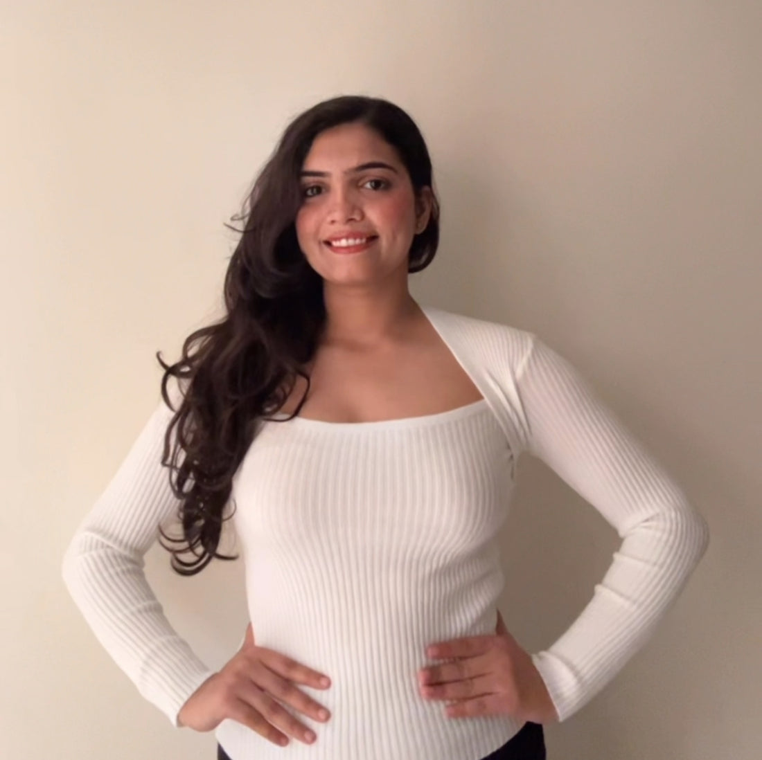 White Ribbed Knit Winter Top for Women | Stylish Full Sleeve Square Neck