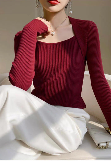 Ribbed Knit Wine Red Winter Top for Women | Stylish Full Sleeve Square Neck