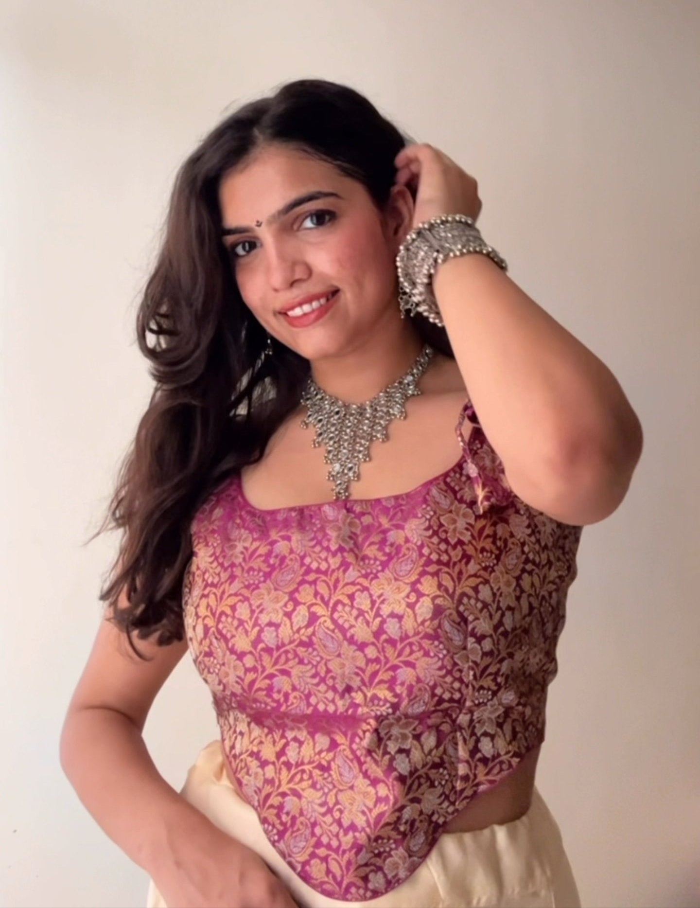 Magenta Backless Brocade Ethnic Corset Built-In Pads