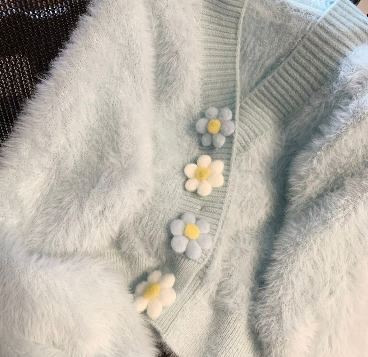 Pastel blue fuzzy cardigan with floral buttons for women