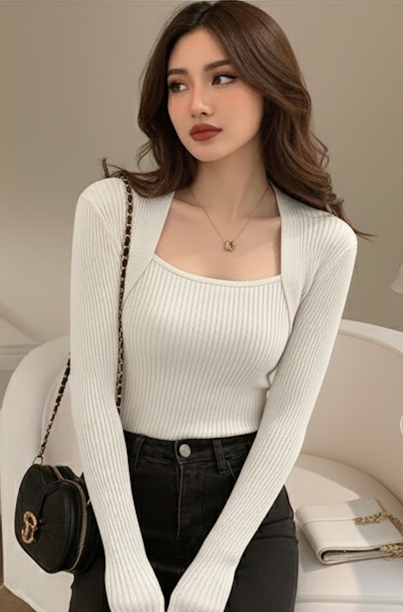 White Ribbed Knit Winter Top for Women | Stylish Full Sleeve Square Neck