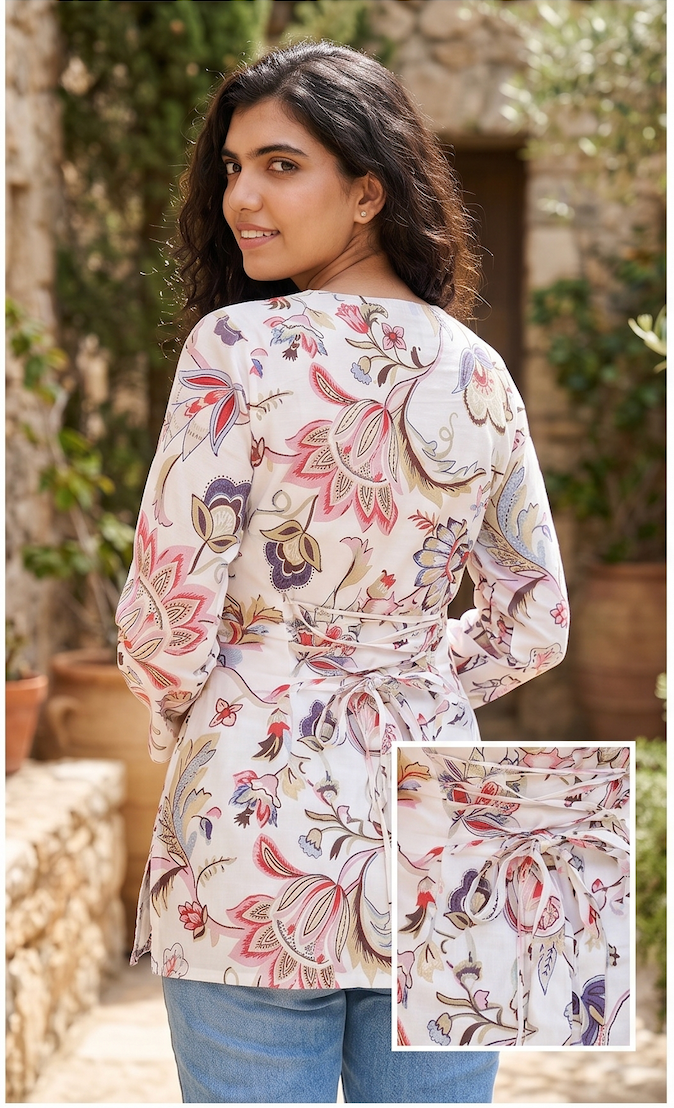 White Floral Corset Style Short Kurti
