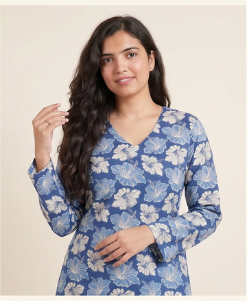 Blue Floral Printed Cotton Kurti for Women