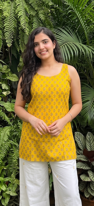 Yellow Printed Sleeveless Short Kurti