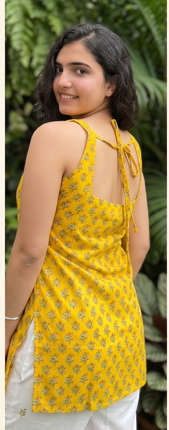 Yellow Printed Sleeveless Short Kurti