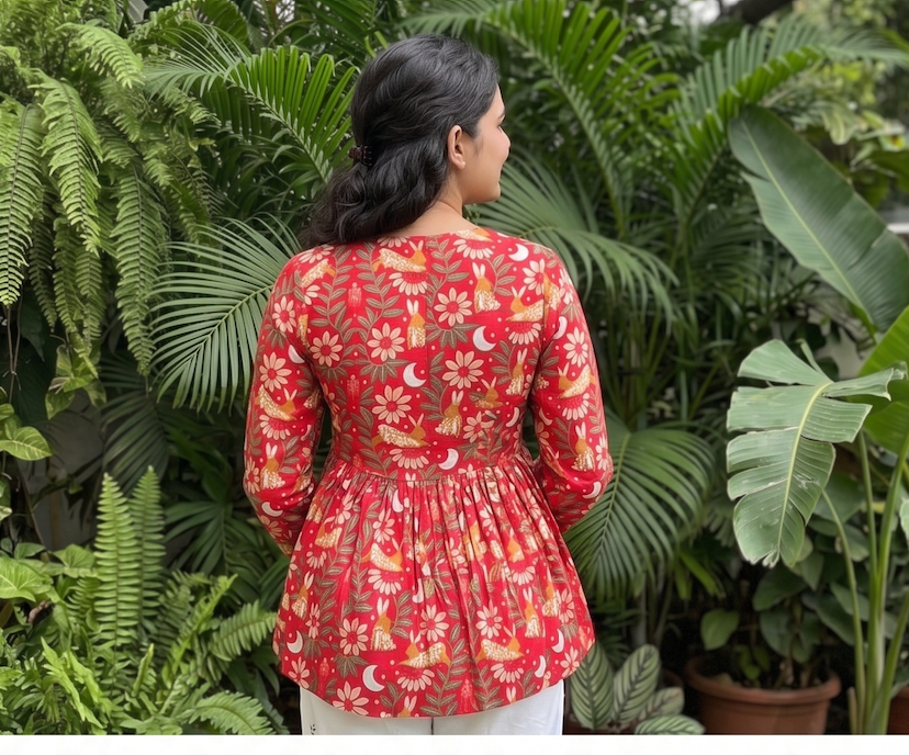 Red Floral Peplum Short Kurti