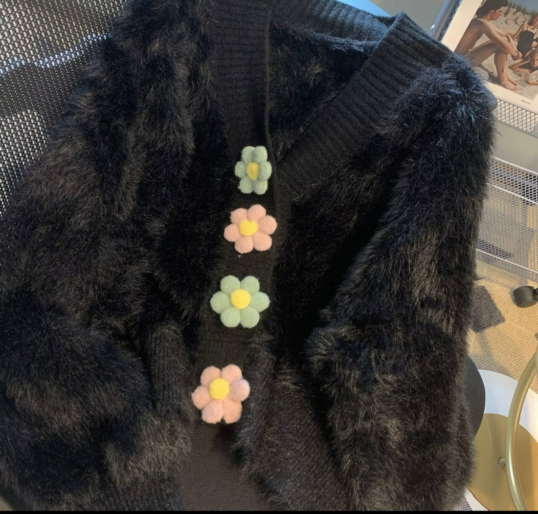 Black fluffy cardigan with daisy floral buttons for winter wear