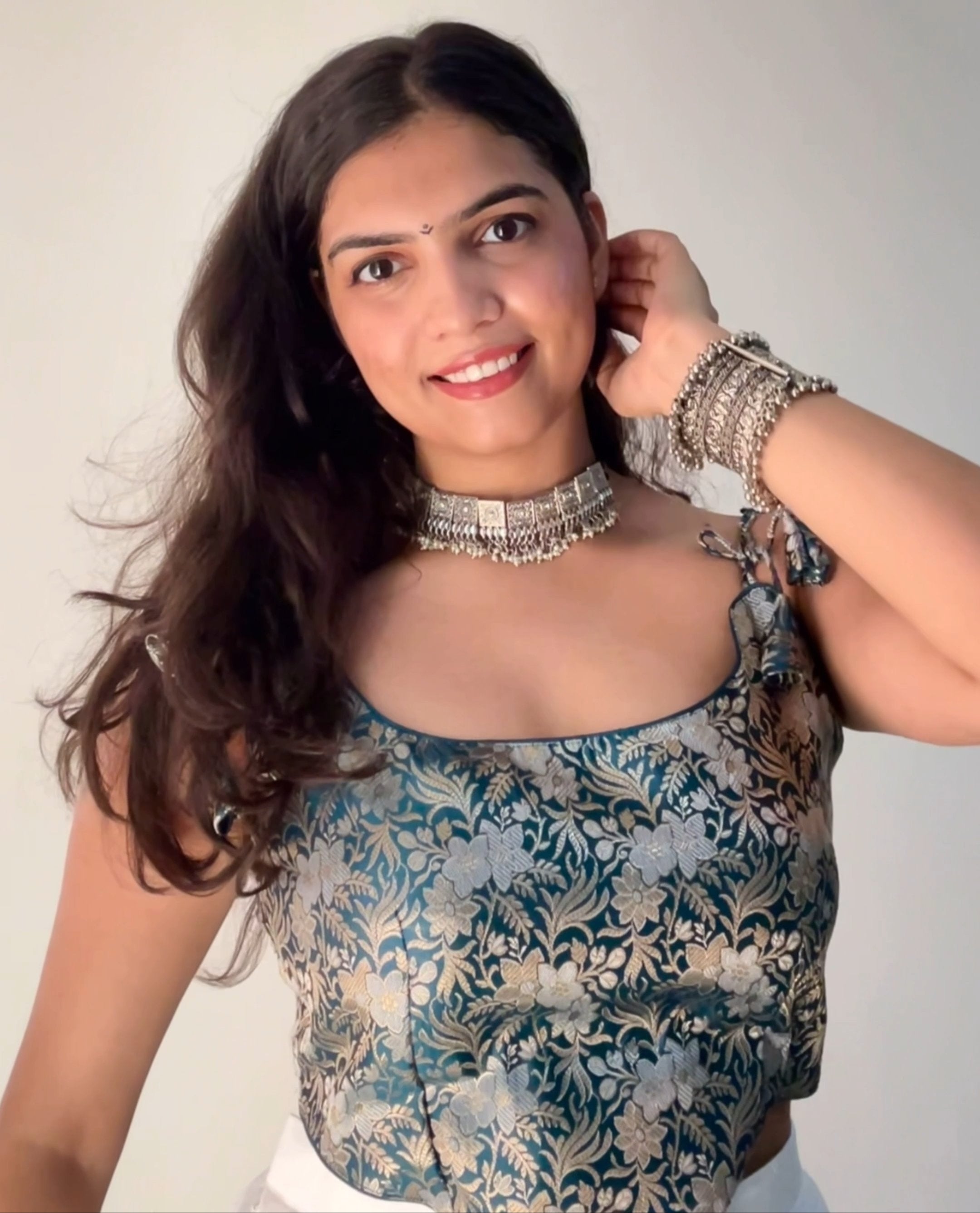 Teal Blue Banarasi Brocade Ethnic Backless Corset Built-In Pads