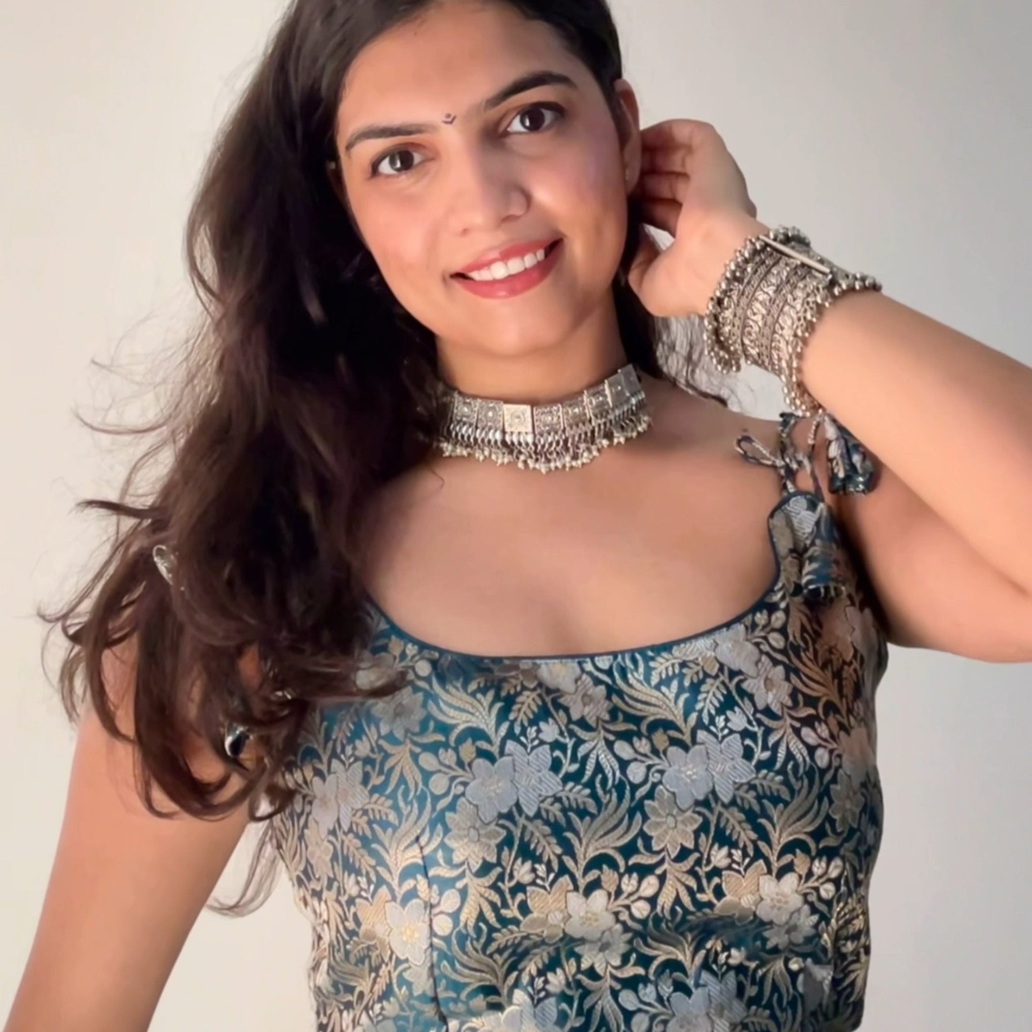 Teal Blue Banarasi Brocade Ethnic Backless Corset Built-In Pads