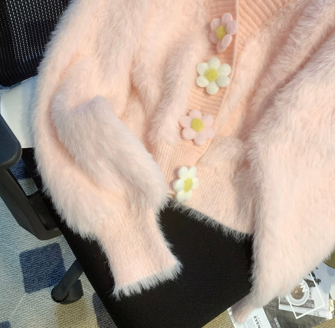 Pink fuzzy cardigan with pastel floral buttons for women