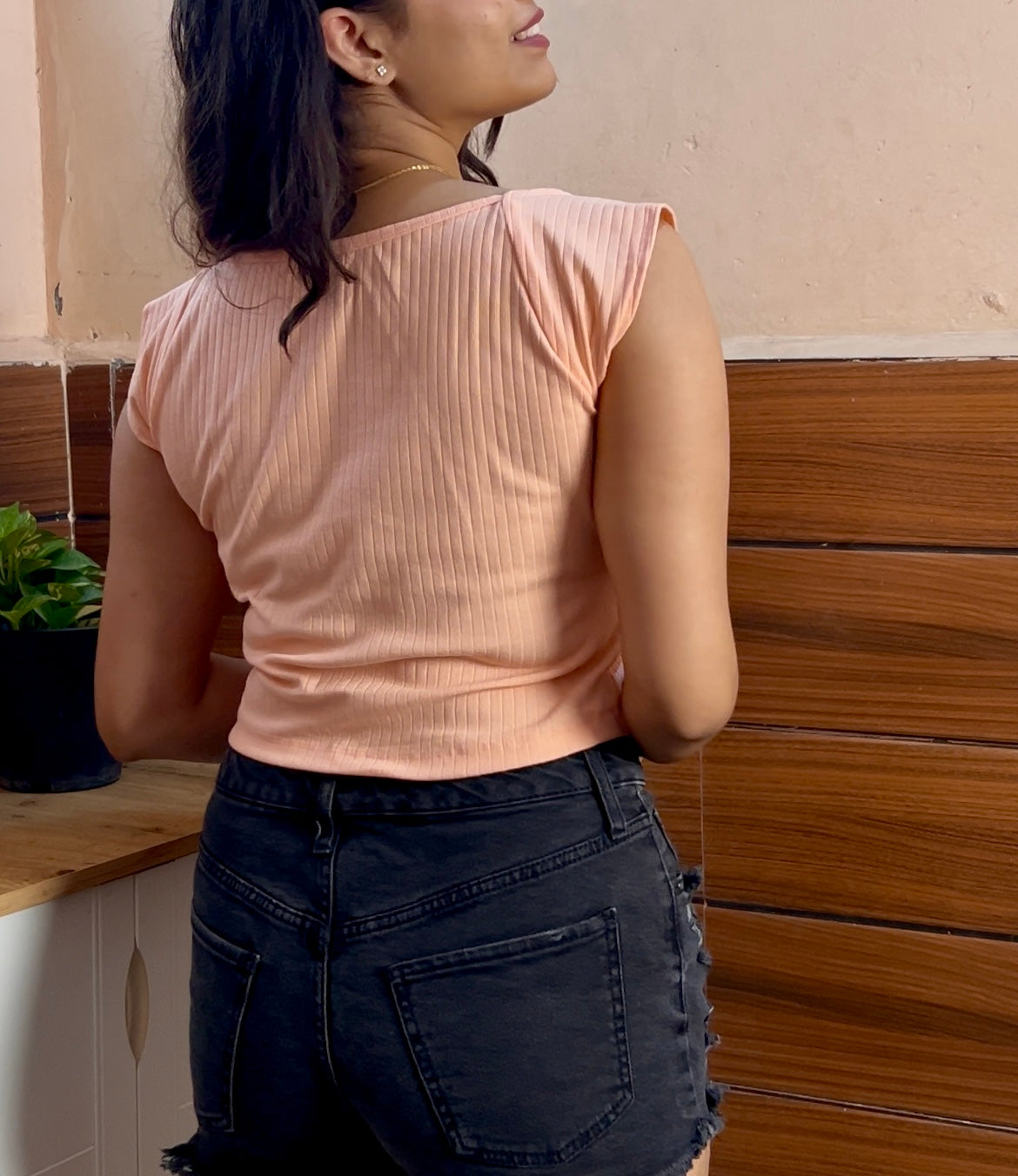 Women's peach crop top with sweetheart neckline - perfect for casual, date night, or office wear.