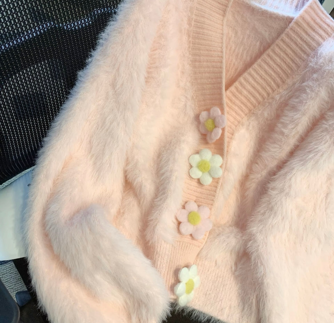 Pink fuzzy cardigan with pastel floral buttons for women