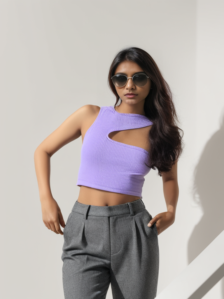 Stylish lavender one-shoulder crop top with cut-out design for women - versatile fashion choice.